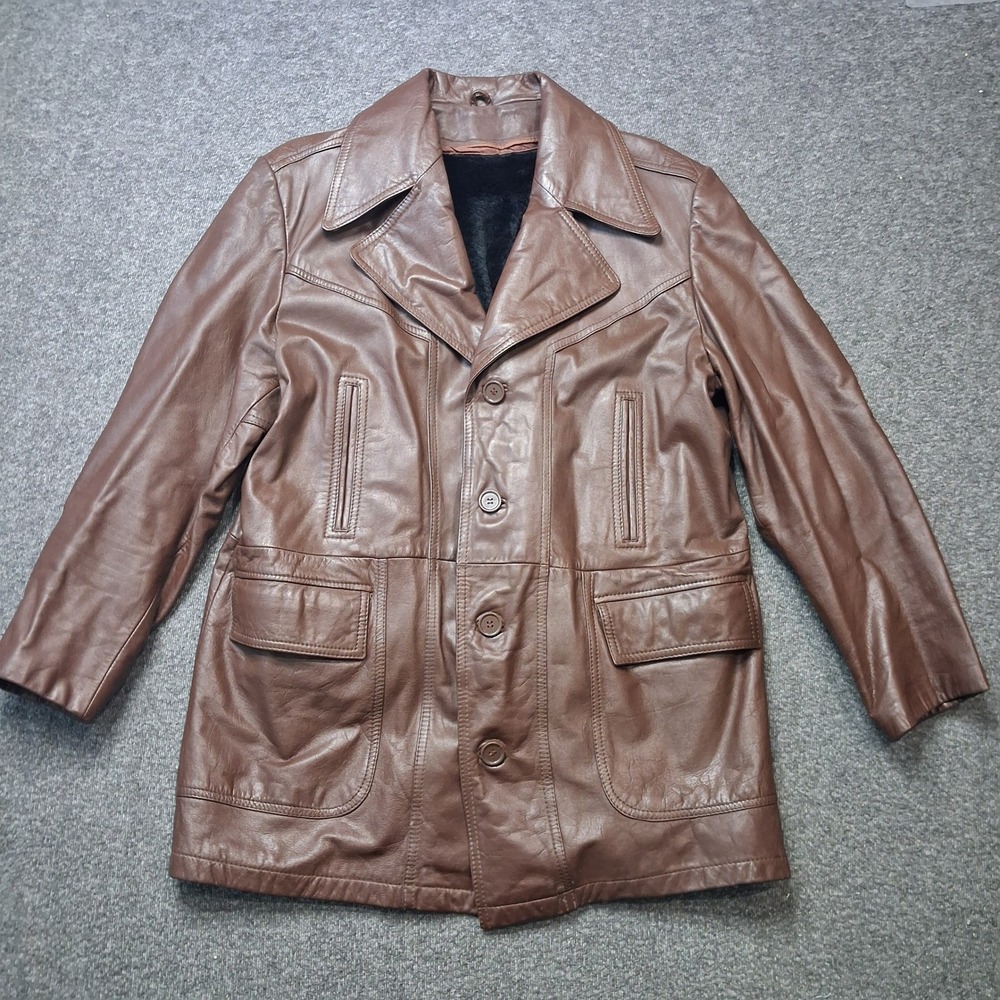 Vintage Sears Western Wear Brown Leather Rancher Coat Faux Fur Lined Mens 42